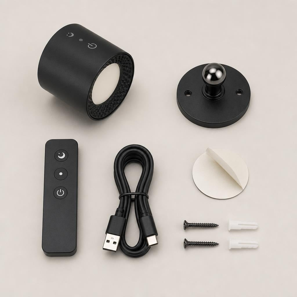 Qué incluye la caja: lámpara, base magnética, mando, cable USB-C, adhesivo y tornillos
